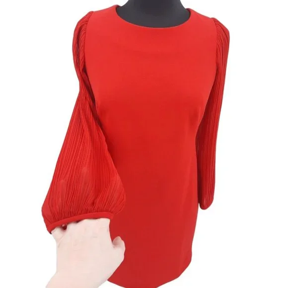 VTG 90s DR Collection Solid Red Shear Pleated Balloon Sleeve Dress Size 8 - Picture 2 of 10